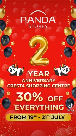 Panda Stores in Cresta Shopping Centre is celebrating its 2-year anniversary with a big 30% off sale on everything from today until tomorrow 21 July 2024.🎊 Don't miss out on this chance to save big on a variety of products! 🐼 #pandastores #livebetter #shopsmarter | Panda Stores