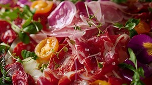 A vibrant mix of pickled vegetables and cured meats including elk salami and foraged ramps and watercress.