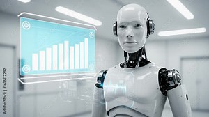 A futuristic humanoid robot demonstrates advanced AI capabilities as it analyzes data, displaying interactive holographic interfaces that visualize performance metrics and trends.