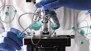 Animation of molecules chemical structures over scientist using laboratory microscope | Premium Stock Video Footage