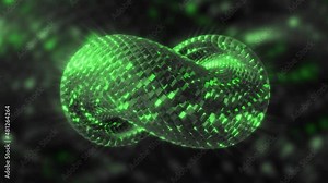 Cycled animation of 3d infinity symbol with green scales texture on shimmering background. Motion. Abstract animated moving twisted shape.