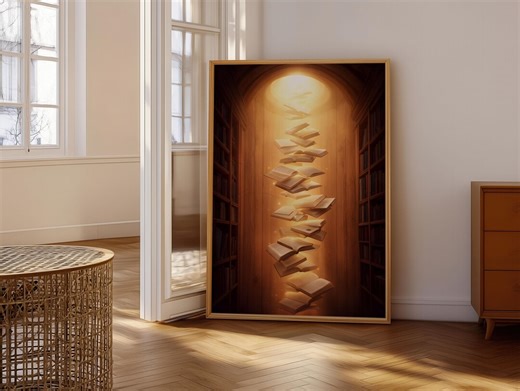 Floating Books in Library Poster | Surreal Light Art Print | Mystical Shelves Illumination | Premium Quality Gift | Unique Handmade Design - Etsy