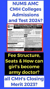#NUMS #CMH MBBS BDS Admissions and Test Date 2024 #CMH closing merit 2023! How to join AMC CMH NUMS? . 👉 Join Pakistan Army as Captain Doctor after FSc Pre Medical, apply for #NUMS_MDCAT_2024 Army'Doctor's, Apply Online! All candidates across Pakistan, especially FEMALES are encouraged to Apply. MBBS Course: 5 years study at Army Medical College Rawalpindi or CMH Lahore Medical College. BDS Course: 5 years study at Army Medical College Rawalpindi. ✅ #Eligibility? Minimum 60% marks, in HSSC or F