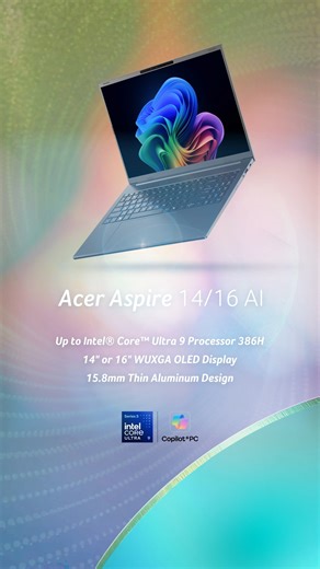 Da la bienvenida a las nuevas series #AcerAspire 14 y 16 AI 🤗 Con los nuevos y potentes procesadores Intel® Core Ultra Serie 3, pantallas WUXGA de 14” o 16”, y un chasis de aluminio premium ultraligero de solo 15,8 mm, son los portátiles todoterreno definitivos. | Acer