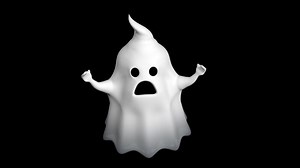 Download Little white cartoon ghost floating in space, waving his hands while screaming with his mouth against transparent background. 3D Animation for free