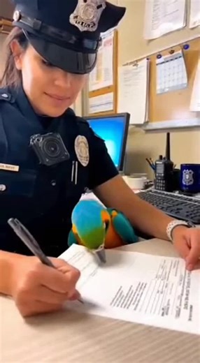 Duty Time, Flirting Time 🦜😍🚓 Paperwork can wait when a parrot declares emotional overtime. A serious desk moment melts into smiles, teasing, and uncontrollable laughter. #funnyanimals #funnyreels #talkingparrot #funnypets #petsofinstagram