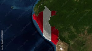 Zoom from Earth to Peru. (Country Flag) High quality world map animation with country borders highlighted. Images from NASA Stock Video
