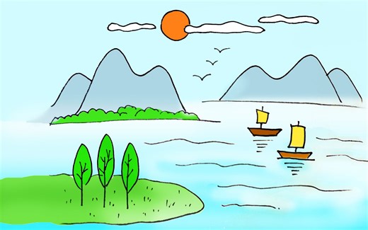 亲子卡通简笔画 学画漂亮的山水风景画，简单好画