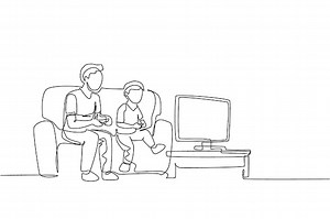 One single line drawing of young dad and son sitting on sofa while playing video game happy family | Premium Vector