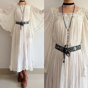 1970s Fairycore off-white Angel Wing Sleeves Mexican Gauze Dress