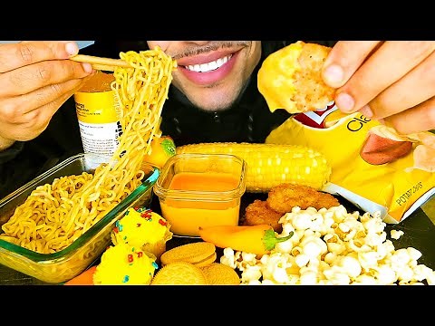 ASMR EATING YELLOW FOODS ONLY CHICKEN NUGGETS MUKBANG EDIBLE BOTTLE NOODLES CHIPS CORN CHEESE SAUCE