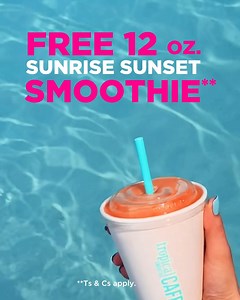 FREE 12 oz. Sunrise Sunset Smoothie** when you wear your flip flops in-cafe on 5/28 from 2-7 p.m. Save the date & kick off summer with us! 🩴🌞 **Ts & Cs apply. | Tropical Smoothie Cafe