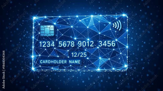 Digital ecommerce secure online payment card with chip symbol glowing network lines representing fraud prevention in internet banking fintech transaction process
