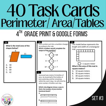 4th Grade Set 3 Math Perimeter Area Tables Strip Diag | 40 Task Cards | Digital