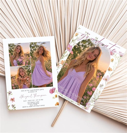 Wildflower Graduation Party Invitation, Announcement, Purple, Cosmos, Floral, Canva Template - Etsy