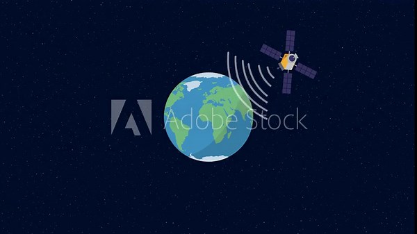 Animated 2D satellite orbit around Earth while transmitting signal waves in space. The Earth stays in the center while the satellite move in a circular path, symbolizing GPS or communication systems Stock Video