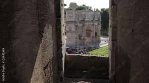 Static shot out of a window in the Colosseum towards the Arch of Constatine