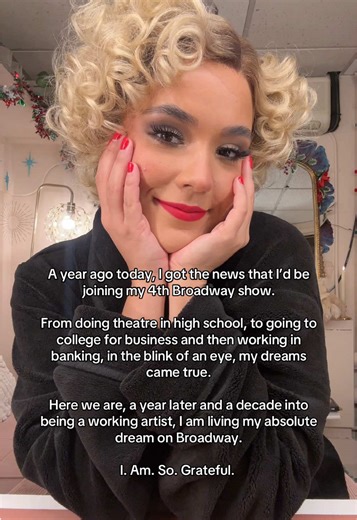 A year ago today, I got the offer to play Myrtle Wilson in @The Great Gatsby Musical on Broadway. My final callback was two days prior and we were told we wouldn’t hear of any decision until after the new year. If you’re ever in this position, you know that even waiting a day is… hard. Well, just like our composer said to me, my Christmas came early and “happy early Christmas.” 🥹 I never take for granted any of the opportunities I get to live my absolute dream. I am so grateful. Keep following 