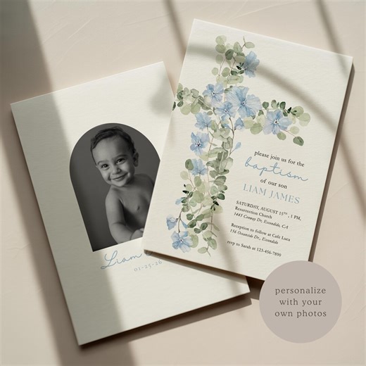 Boys Baptism Invitation Template Editable in Canva Evite for Phone or Printable 5x7 Invite Christening Ceremony Details Card Blue Cross - Etsy