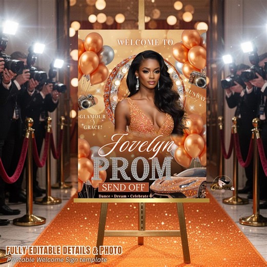 Orange Prom Send off Welcome Party Sign, Prom Queen Poster Sign With Photo, Elegant Party Board Sign, Senior Junior Night Printable Template - Etsy