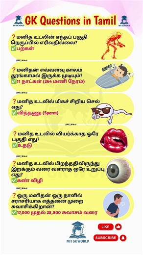 Human Body GK Questions in Tamil | Amazing Body Facts | MIT GK WORLD #Shorts