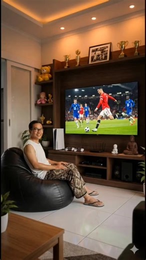 Ultra-realistic AI video. Duration exactly 6 seconds. Vertical 9:16. One continuous shot. Character exactly matches reference photo. White sleeveless t-shirt, sarong, flip-flops. Face and clothes NEVER change. CRITICAL POSITION LOCK: Character starts in living room, standing directly in front of the TV. TV is on the wall in front of character. Character faces the TV. Camera stays behind character. Character always moves FORWARD. Never reverse direction. Never flip position. ACTION (MUST FOLLOW E