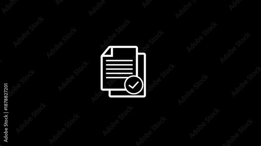 Document approval icon animation with verified file status. Document check icon and approval symbol for workflow systems. Approved document status and file confirmation indicator. File, document