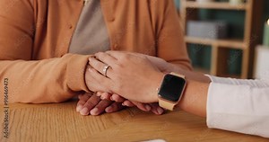 Senior care, doctor and old woman holding hands with support, medical advice and consultation in nursing home. Technology, caregiver and elderly person with trust, homecare and therapy in retirement