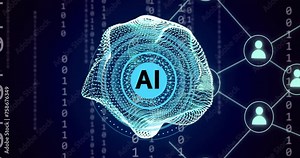 Animation of ai scanner and network over binary data and communication connections on black