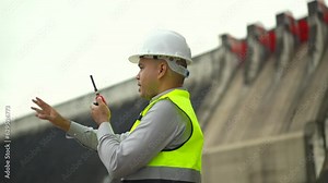 Professional asian maintenance engineer man use radio communication in construction site dam with hydroelectric power plant and irrigation. Engineer man wearing safety hat at project big building.