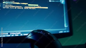 Modern wireless mouse glowing in the dark, positioned in front of a computer screen displaying data, suggesting late night work or gaming
