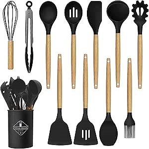 Kitchen Cooking Utensils Set - 12 pcs 446°F Heat Resistant Non-Stick Silicone Cooking Utensils Set With Wooden Handles and Holder, Kitchen Utensils Set for Nonstick Cookware, Dishwasher Safe (Black)