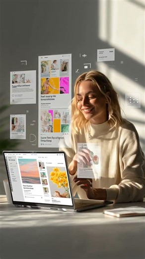 A bright, modern workspace with a laptop displaying an intuitive AI content-creation interface. O...