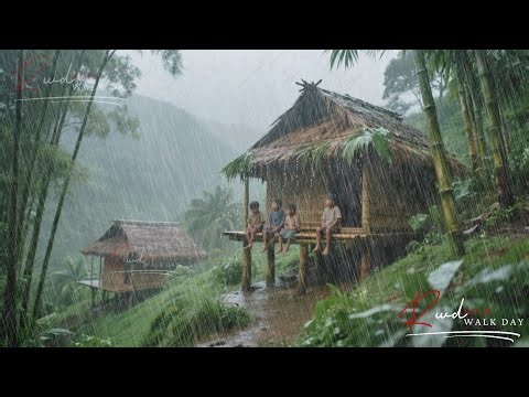 RURAL LIFE IN A TRADITIONAL HOUSE HIT BY A HEAVY RAIN STORM, A RELAXING RAIN WALK DAY