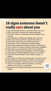💔🚩 18 Signs Someone Really Doesn’t Care About You 🚩💔 When someone truly cares, their actions show it consistently. Indifference is often quiet—but once you know the signs, it becomes impossible to ignore. Here are clear signs you shouldn’t overlook 👇 ✔ They rarely initiate contact ✔ Your feelings are dismissed or minimized ✔ They only reach out when they need something ✔ They don’t make time for you ✔ Apologies are rare or insincere ✔ They avoid deep conversations ✔ Your achievements don’t 