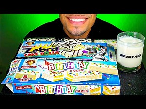 ASMR LITTLE DEBBIE HAPPY BIRTHDAY ZEBRA CAKE ROLLS EATING MUKBANG NO TALKING