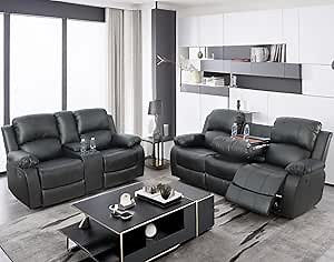 Leather Recliner Sofa Set for Living Room Furniture Sets,Brown Reclining Sofa and Loveseat Manual Recliner Couch Set for Living Room/Launge/Apartment(Black)