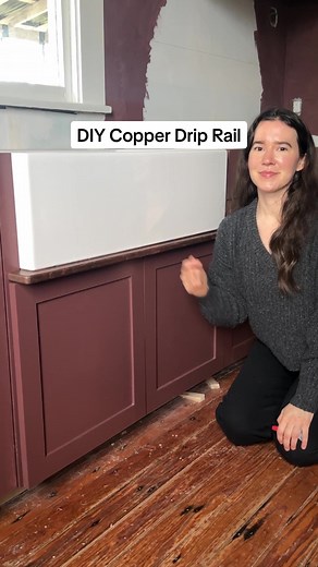 DIY copper sink drip rail! ✨ With my trusty helper: Krazy Glue Craft Super Glue 🫶 #ad Drip rails collect water that drips down the front of a farmhouse sink 💧 and keeps it from marring the finish of the cabinet doors below. And it’s the perfect opportunity to add some special details! I’ve seen people make drip rails from wood or even stone, but never with metals like copper or brass! There will be a LOT of brass in this kitchen (more on that later 😉), so I opted for copper here. It took a lo