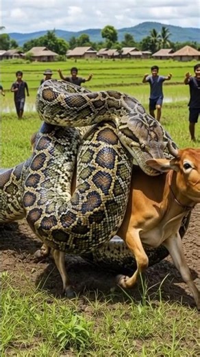 Huge Python Attempts to Prey on Cow 😱 #snake #shorts #shortsfeed