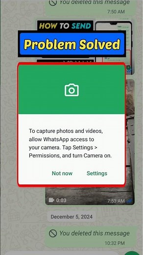 to capture photos and videos, allow whatsapp access to your camera. Tap Setting Permission