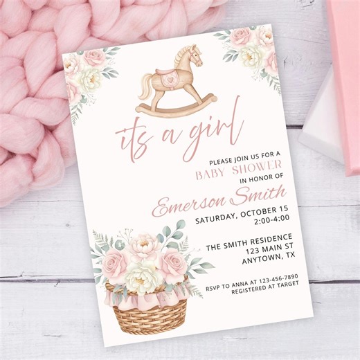 Vintage Rocking Horse Baby Shower Invite, It’s a Girl Baby Shower Invitation Template, Floral Baby Girl Shower, Editable - Etsy