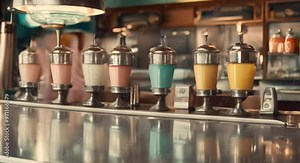 Classic soda shop counter with vintage milkshake makers