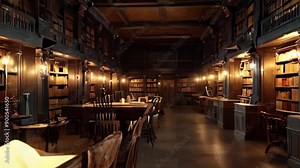 Dark Wooden Library with Bookshelves and Tables Under Dim Lighting