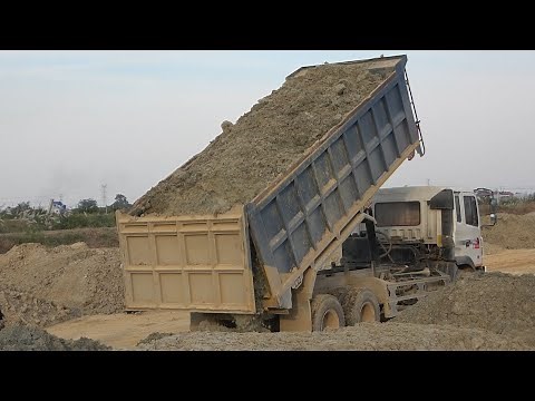 Extreme Dump Truck Unloading Sand - Road Construction Machines in Cambodia