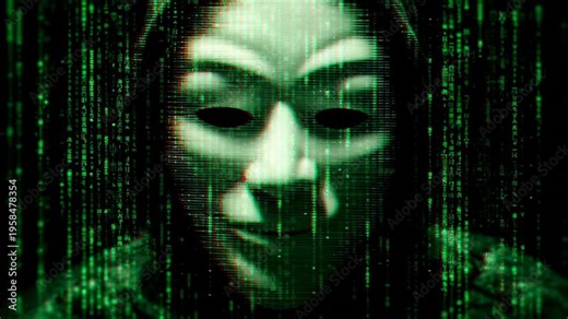 Cybersecurity threats and digital privacy issues An anonymous mask is overlaid with binary code and a glitch effect use in news commercials and documentaries about internet security and cybercrime.