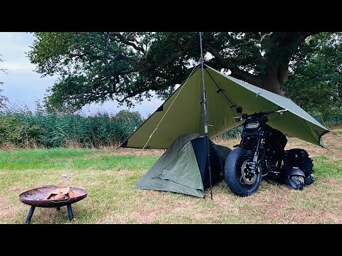 Solo Motorcycle Camping With My Harley Davidson, Rain, Tarp Shelter, Campfire Cooking