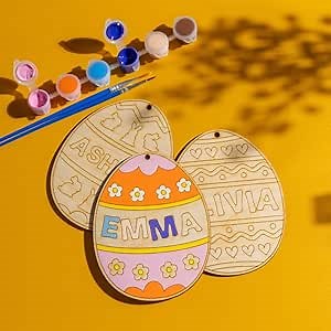 Lara Laser Works Single, DIY Wooden Painting Crafts for Kids, Easter Egg Paint Set Personalized w/Name - 5 Designs - Decorating Easter Egg Basket Stuffer for Children, Make Your Own Easter Eggs