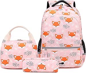 Girls Backpacks, Fox Backpack for Girls, Kids Fox School Bookbag Set with Lunch Box and Pencil Case