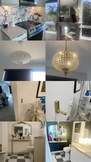 Apartment Rental Upgrades Peel n Stick wallpaper for kitchen backsplash in matte Calacatta Viola @amazonhome Light fixtures @amazonhome Fireplace @amazonhome Vinyl floor peel n stick @amazon Paint dunne Edwards in pale blush and tuxedo black Towel hooks @amazonhome