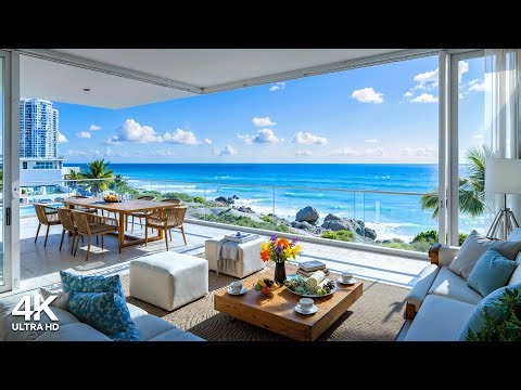 Balcony Morning Jazz by the Beach 🌊 Cheerful Bossa Nova Jazz & Crashing Sound of Waves for Good Mood